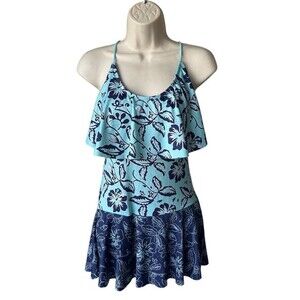 NWT LOCO Boutique Size Medium Swimsuit Swim Dress One Piece Tropical‎ Blue Green